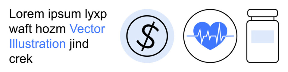 Obraz premium Financial planning, healthcare services, health monitoring, pharmaceuticals, wellness investment, economic support. A dollar sign, heartbeat and medicine bottle. Financial planning and healthcare