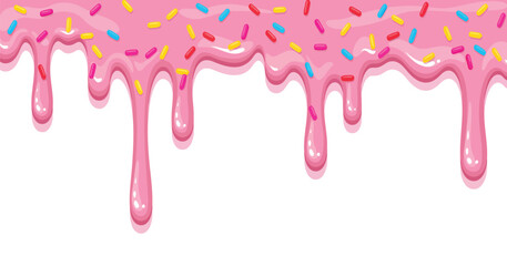 Glossy pink strawberry icing drips down with colorful sprinkles in this sweet cartoon vector border design on a transparent background © Stock4line