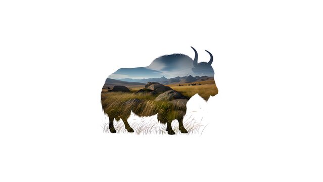 striking silhouette design creatively merges a majestic yak profile with a vibrant, sunlit highland pasture scene, symbolizing wilderness spirit and nature's rugged beauty.