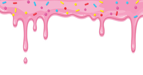 Glossy pink strawberry icing drips down with colorful sprinkles in this sweet cartoon vector border design on a transparent background © Stock4line