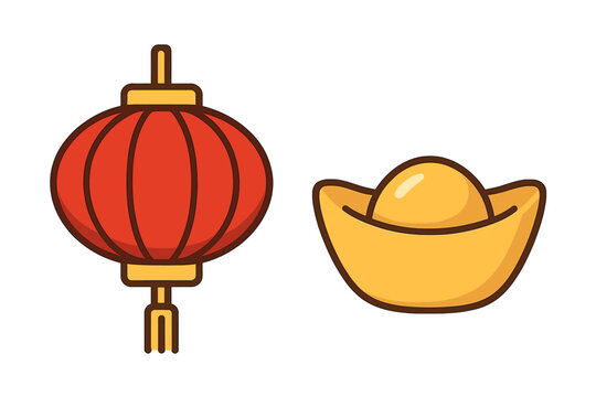 This flat vector clipart bundle includes a traditional red Chinese lantern and a golden sycee ingot, both isolated on a black background for Lunar New Year festival decorations.