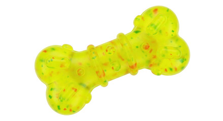 Isolated yellow bone dog toy with red and green spots, fun animal accessory for pets