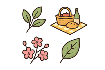 A collection of spring-themed stickers featuring fresh green leaves, a picnic basket with bread and wine on a checkered blanket, and a branch of pink cherry blossoms on a black background.