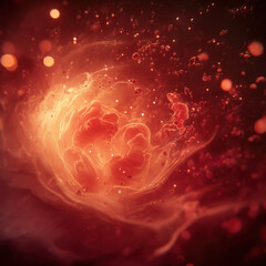 Abstract medical 3D illustration of red blood cells flowing through a human artery or glowing biological cell structure under a microscope with organic particles and bokeh light background effect.