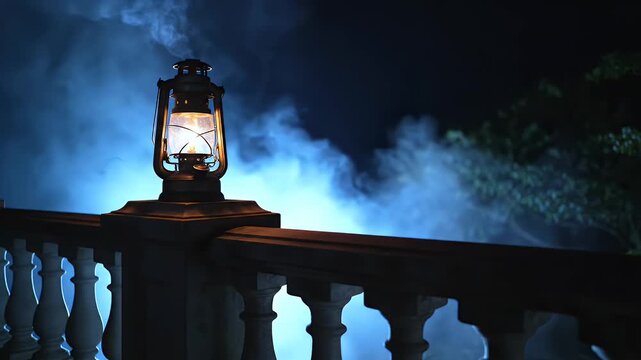 A vintage lantern illuminates a balcony railing against a misty night sky.