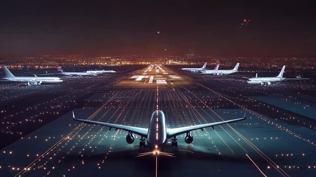 Airplanes waiting on an airport runway at night, surrounded by numerous guiding lights, with a city skyline glowing in the background, symbolizing global travel and aviation systems