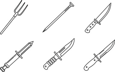 Naklejka premium Tactical knife and utility tool icon set with combat dagger hunting blade and pitchfork for outdoor survival vector