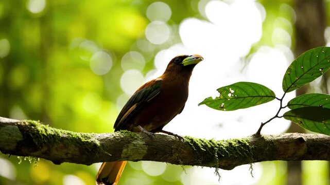 Beautiful broadbill bird perched on mossy branch taking off from a lush green forest environment