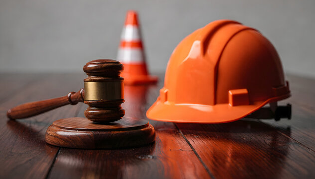 Lawful Construction: Gavel, Hard Hat, and Cone Symbolize Safety, Regulations, and Legal Compliance in the Building and Infrastructure Industries, a Critical Issue