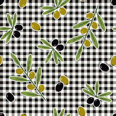 Seamless pattern with scattered olive berry on checkered gingham background. Randomly scattered fruits, olive branch. Flat style. Suitable for food packaging, kitchen textiles, rustic branding © OA_Creation