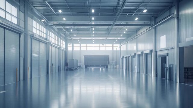 Spacious industrial warehouse interior with shiny floor and multiple roll up loading docks, providing a clean and efficient space for distribution and logistics