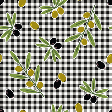 Seamless pattern with scattered olive berry on checkered gingham background. Randomly scattered fruits, olive branch. Flat style. Suitable for food packaging, kitchen textiles, rustic branding