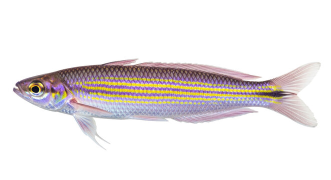Isolated Rainbowfish with yellow stripes swimming in a graceful pose, a captivating fish specimen