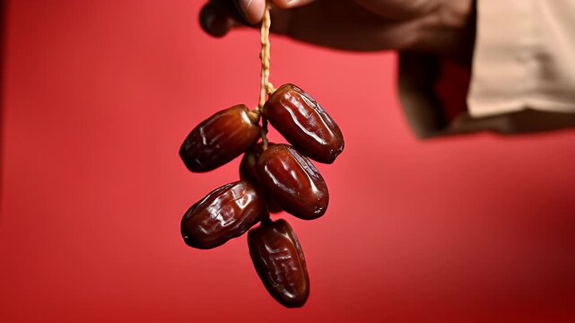 Close-up shot of a hand holding a bunch of ripe, brown dates against a red background.