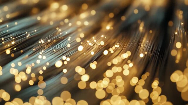 Fiber optic threads illuminate with golden light, transferring data packets through a intricate network of communication technology, symbolizing global connectivity and digital information flow