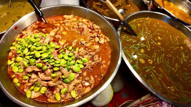 Spicy Thai Red Curry With Pork And Fresh Green Stink Beans In Large Metal Pan