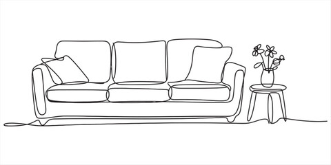 Minimalist one line art of a comfortable three seater sofa with a vase on a side table. Vector, illustration © Kanu Art_Gallery