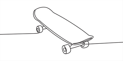 Simple line drawing of a skateboard on a white background with thin black outlines. Vector, illustration © Kanu Art_Gallery