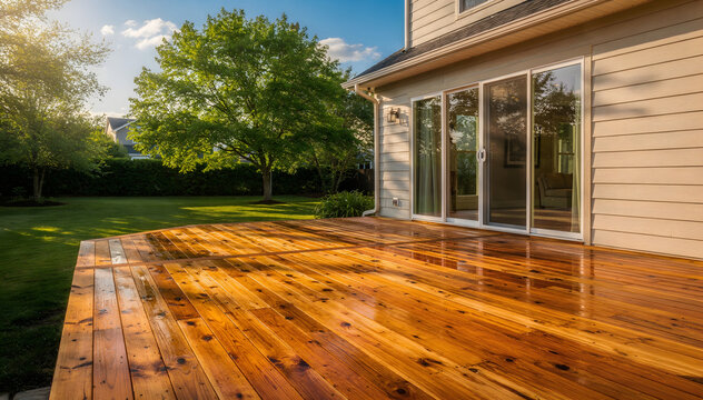Serene Backyard Deck: A Luxurious Outdoor Living Space for Relaxation and Gatherings, Featuring Rich Wood Tones and Lush Greenery Under a Sunny Sky, Ideal for Lifestyle