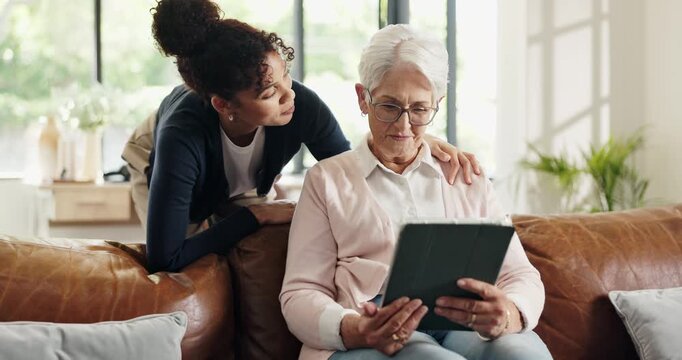 Happy, caregiver and old woman with tablet at house for checkup, support and medical results. Smile, nurse and senior person with digital, assisted living and telehealth app for healthcare assessment