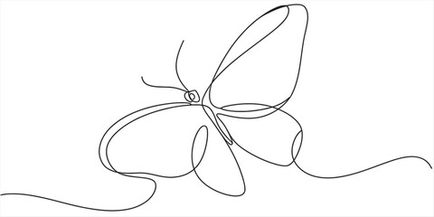 Minimalist continuous line art illustration of a flying butterfly on white background Vector, illustration © Kanu Art_Gallery