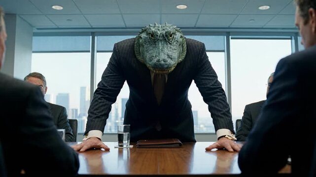 Businessman with a green alligator head stands aggressively at a boardroom table during a modern meeting, symbolizing toxic leadership, predatory corporate behavior and workplace danger