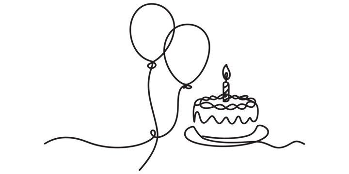birthday, cake, balloon, candle, line, drawing, continuous, minimalist, art, celebration, party, anniversary, dessert, sweet, food, outline, sketch, illustration, simple, linear, graphic, design, blac