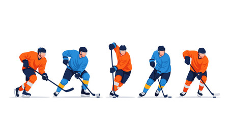 Cartoon illustration of ice hockey players with pucks and sticks in action. Isolated on white. Perfect for sport designs, team logos, branding, and marketing materials.