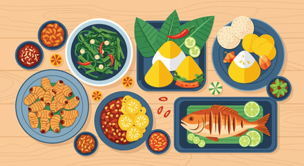 Fototapeta premium Indonesian Cuisine A Delicious Spread of Traditional Dishes and Flavors