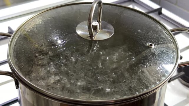 A gas stove burner ignites under a metal pot, producing a steady rushing roar. Inside, the water boils vigorously against the lid, creating a loud, rhythmic bubbling sound.