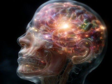 Hyper-detailed sci-fi male head profile with translucent skin exposing reward circuitry: nucleus accumbens, VTA, prefrontal cortex glowing multicolored; radiant pulses surge, chaotic dopamine overload