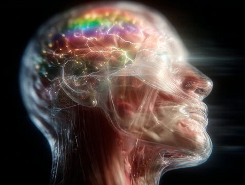 Hyper-detailed sci-fi male head profile with translucent skin exposing reward circuitry: nucleus accumbens, VTA, prefrontal cortex glowing multicolored; radiant pulses surge, chaotic dopamine overload