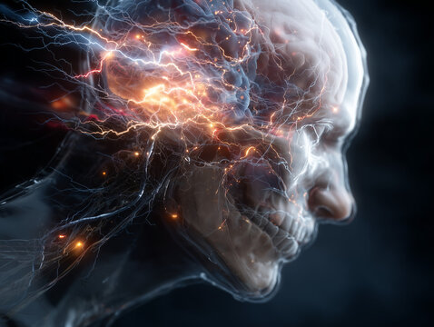 Hyper-detailed sci-fi male head profile with translucent skin exposing reward circuitry: nucleus accumbens, VTA, prefrontal cortex glowing multicolored; radiant pulses surge, chaotic dopamine overload