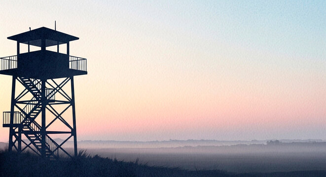 Silhouette of a watchtower against a misty sunrise landscape. Watercolor style illustration of a fire lookout tower at dawn. Panoramic background