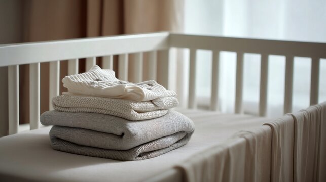 Folded baby clothes and soft blanket placed inside a crib near window light, minimal nursery scene.