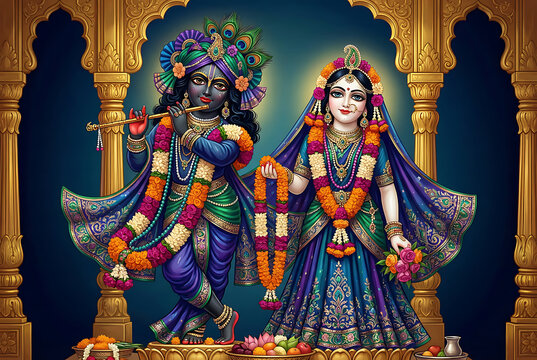 Beautiful statues of radha krishna standing under golden archway for krishna janmashtami and radhashtami puja wearing colorful ornate clothing and peacock feathers in hindu temple setting