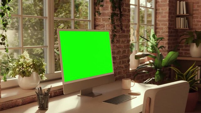 All-in-One Computer Screen Mockup Dynamic Camera Left Perspective Movement &ndash; Speed Ramp Camera Move, Chroma Key Green Display in Bright Loft Office Interior. Tracking Clip Included