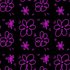 Fototapeta premium Neon Pink Tropical Flower Doodle Seamless Pattern on Black