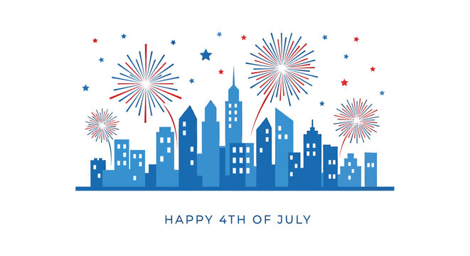 American city skyline on 4th of July, Happy 4th of July vector illustration with fireworks and cityscape. Includes patriotic celebration scene. Created in flat style with red, white and blue colors