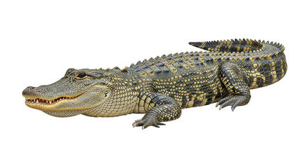 Obraz premium Isolated alligator resting, scaly reptile with armor skin, powerful predator, side view