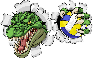 An alligator, crocodile or dinosaur volleyball animal sports mascot holding a volley ball in his claw © Christos Georghiou