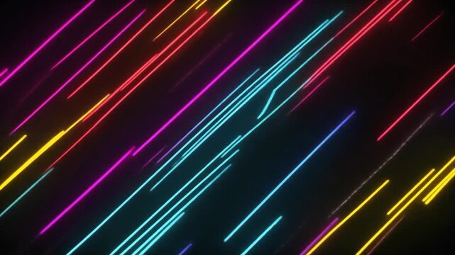 Vibrant neon lights streak across a dark background from a dynamic diagonal viewpoint
