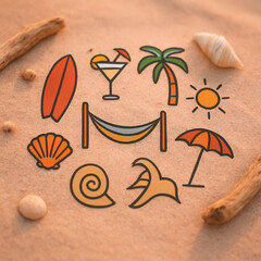 Digital art of summer vacation elements on sandy surface with beach theme for commercial use