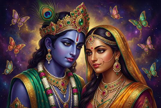 Spiritual portrait of radha krishna looking at each other with magical butterflies for krishna janmashtami and radhashtami puja design
