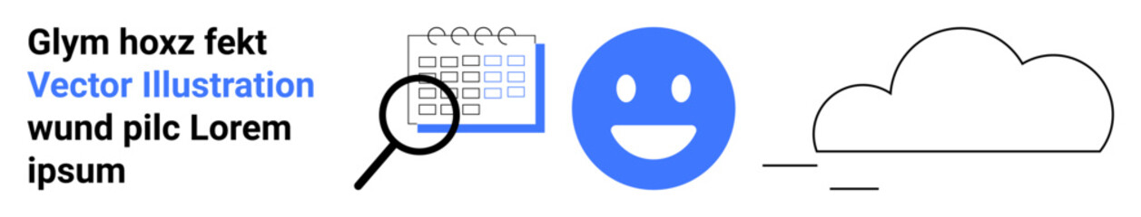 Fototapeta premium Productivity tools, communication , scheduling, happiness, digital search, cloud storage. Icons include a calendar, magnifying glass smiling face and a cloud. Productivity and communication