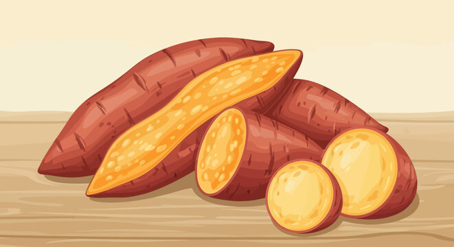 Heap of Fresh Sweet Potatoes, One Cut in Half Showing Orange Flesh