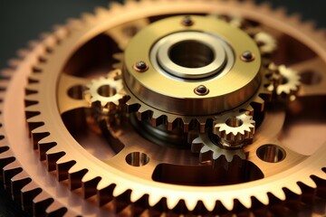 Metallic gears interlock and rotate, showcasing precision engineering and seamless teamwork