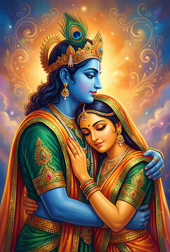 Artistic portrait of radha and krishna embracing with closed eyes for krishna janmashtami and radhashtami puja showcasing deep spiritual devotion and eternal romance in swirling colors