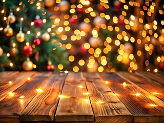 Cozy wooden table with blurred festive christmas tree and bokeh lights background for holiday celebrations