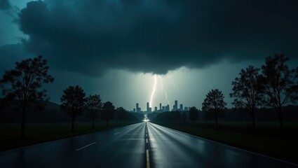 Dramatic thunderstorm scene with wet asphalt road dark clouds and city skyline in distance illuminated by lightning